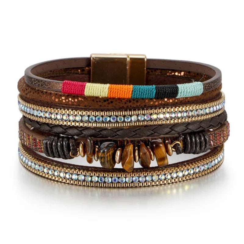 Bunt Leder Armband Damen | eingefügte künstliche Diamanten und natürlicher Steine - McBiLL Jewelry - Armband