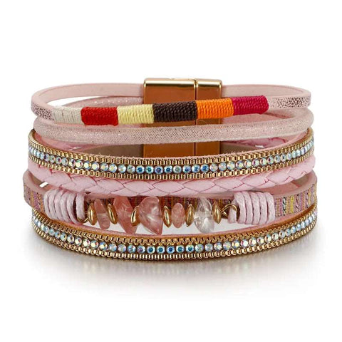 Bunt Leder Armband Damen | eingefügte künstliche Diamanten und natürlicher Steine - McBiLL Jewelry - Armband