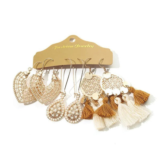 Damen Ohrringe 3 Paare Quaste eleganter Muster Beige Weiße Gold Ohrschmuck - McBiLL Jewelry - Ohrringe