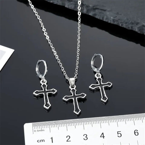 Damen Schmuckset Halskette + Ohrringe Retro Punk Schwarzes Kreuz - McBiLL Jewelry - Set