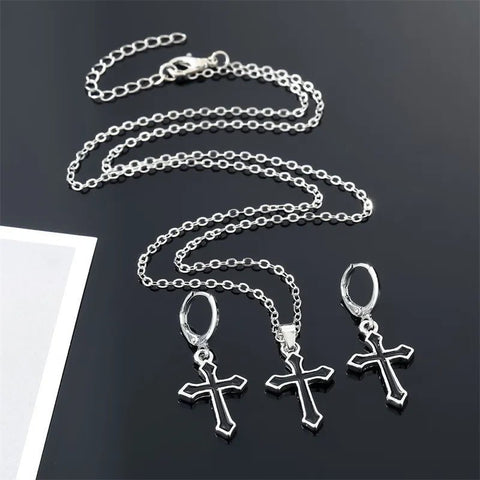 Damen Schmuckset Halskette + Ohrringe Retro Punk Schwarzes Kreuz - McBiLL Jewelry - Set