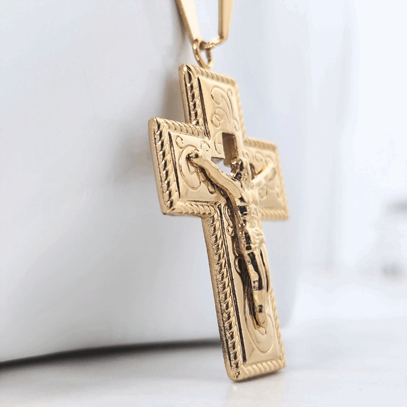 Edelstahl Halskette Herren Damen Kreuz Jesus 18 Karat vergoldet Gold Poliert - McBiLL Jewelry - Halskette