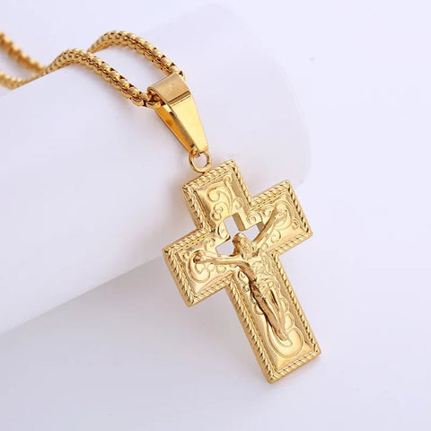 Edelstahl Halskette Herren Damen Kreuz Jesus 18 Karat vergoldet Gold Poliert - McBiLL Jewelry - Halskette