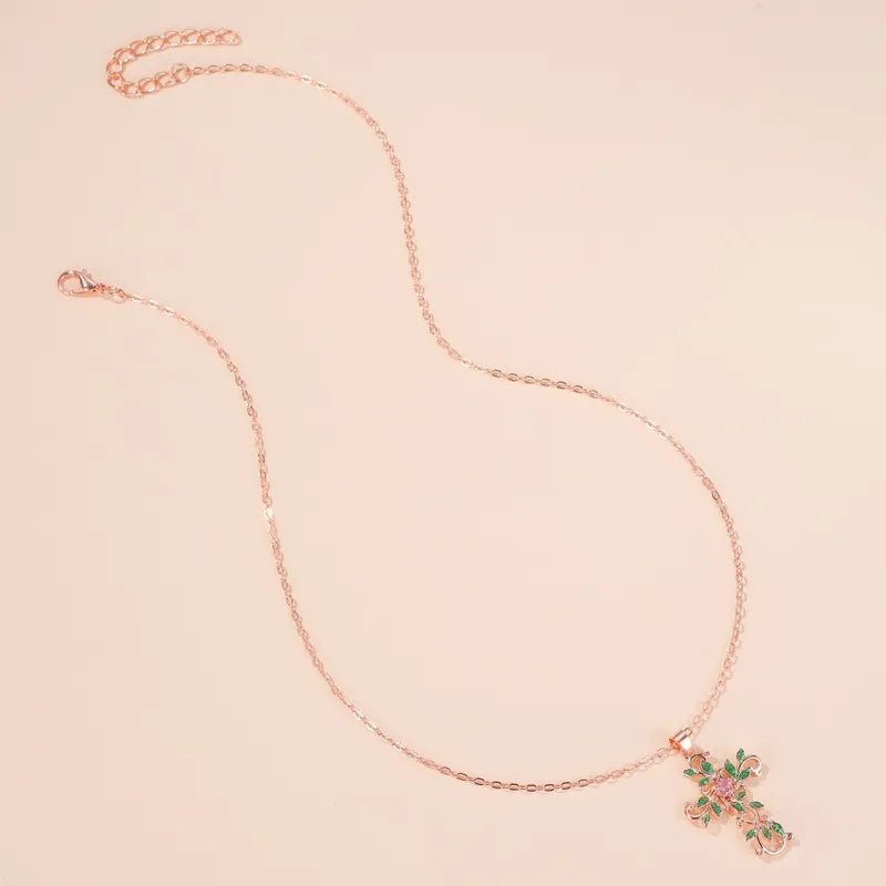 Halskette Damen Herren Kreuz Jesus Blume Rosegold Blume - McBiLL Jewelry - Halskette