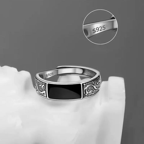 Herren Ring versilbert Schwarz Emaille Retro Monogramm | versilbert - McBiLL Jewelry - Ring