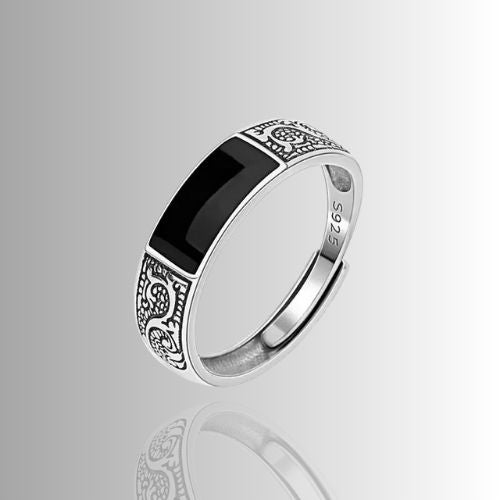 Herren Ring versilbert Schwarz Emaille Retro Monogramm | versilbert - McBiLL Jewelry - Ring