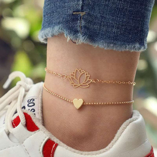 Pfirsichherz Hohle Lotusblume Armband Fußkettchen Damen - McBiLL Jewelry - Fußkette