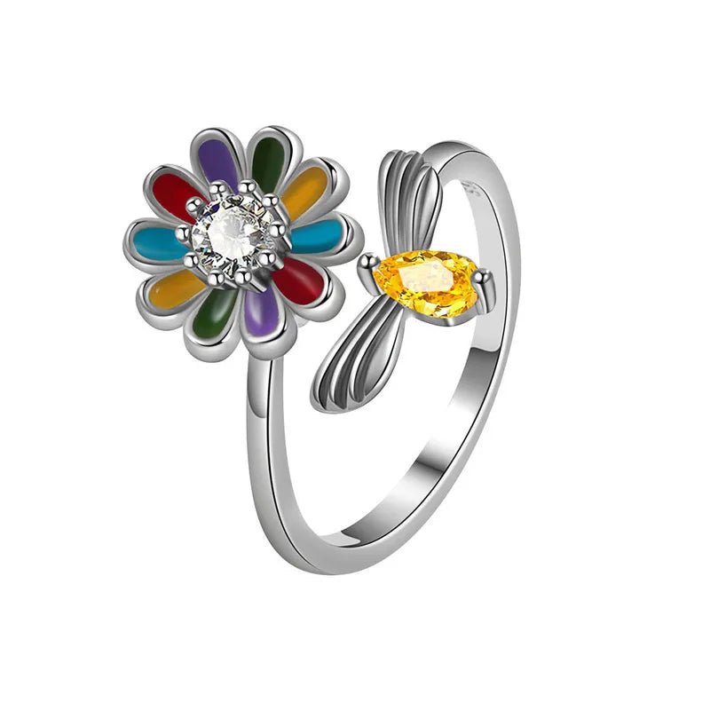 Rotierende Blume Ring Silber versilbert Biene Steine - McBiLL Jewelry - Ring