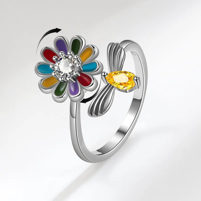 Rotierende Blume Ring Silber versilbert Biene Steine - McBiLL Jewelry - Ring