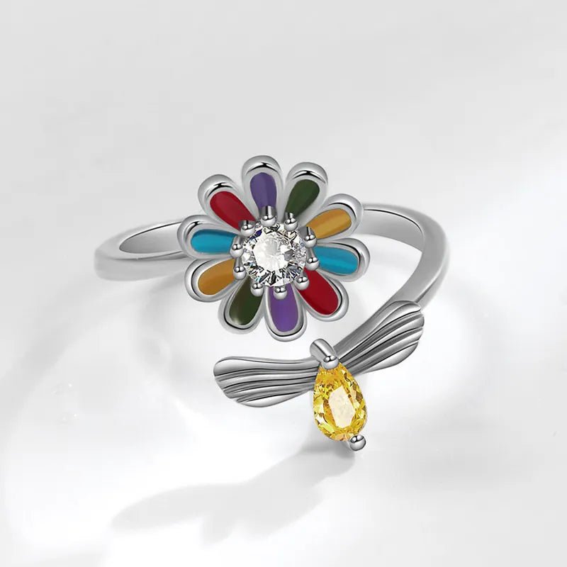 Rotierende Blume Ring Silber versilbert Biene Steine - McBiLL Jewelry - Ring