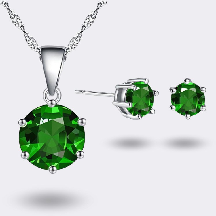 versilberte Halskette & Ohrringe Schmuckset mit grüne Zirkon - Steine - McBiLL Jewelry - Set